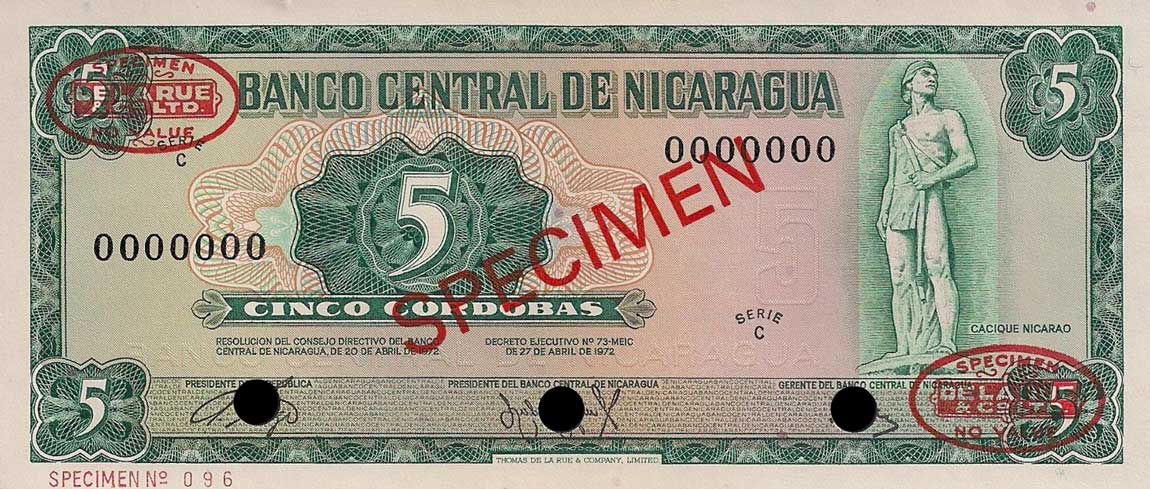 Front of Nicaragua p122s: 5 Cordobas from 1972