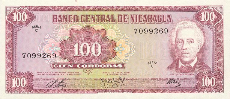 Front of Nicaragua p126a: 100 Cordobas from 1972