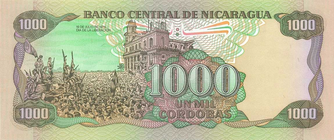 Back of Nicaragua p156r: 1000 Cordobas from 1985