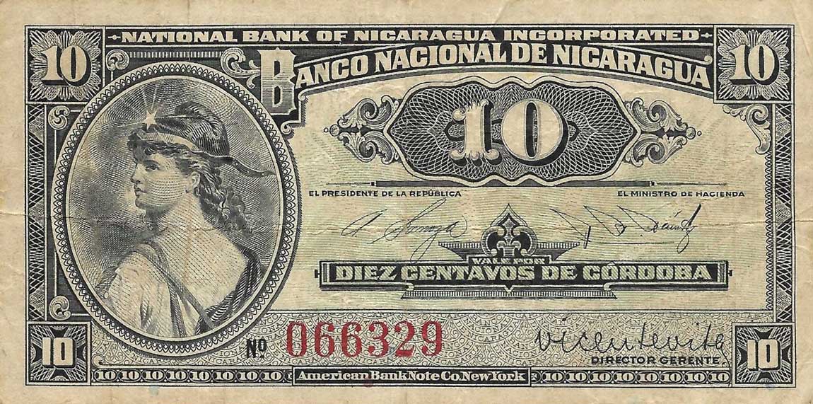 Front of Nicaragua p52a: 10 Centavos from 1914