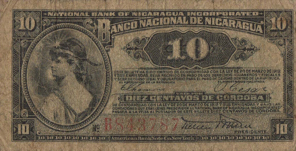 Front of Nicaragua p52c: 10 Centavos from 1918