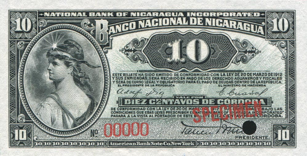 Front of Nicaragua p52s: 10 Centavos from 1912