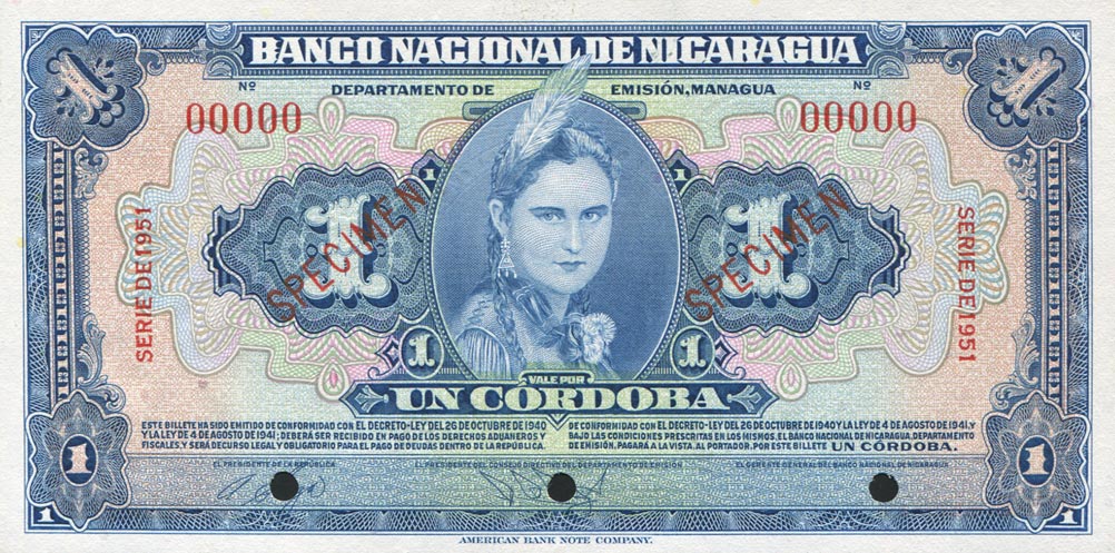 Front of Nicaragua p91s: 1 Cordoba from 1949