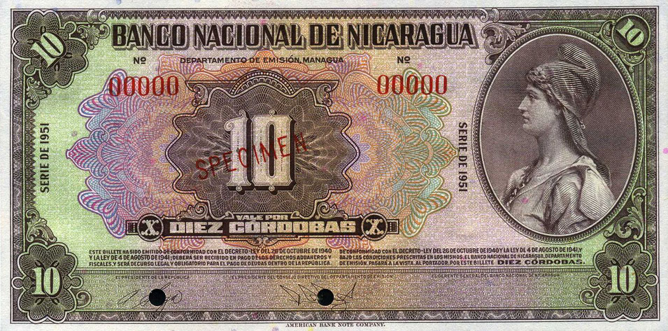 Front of Nicaragua p94s1: 10 Cordobas from 1942