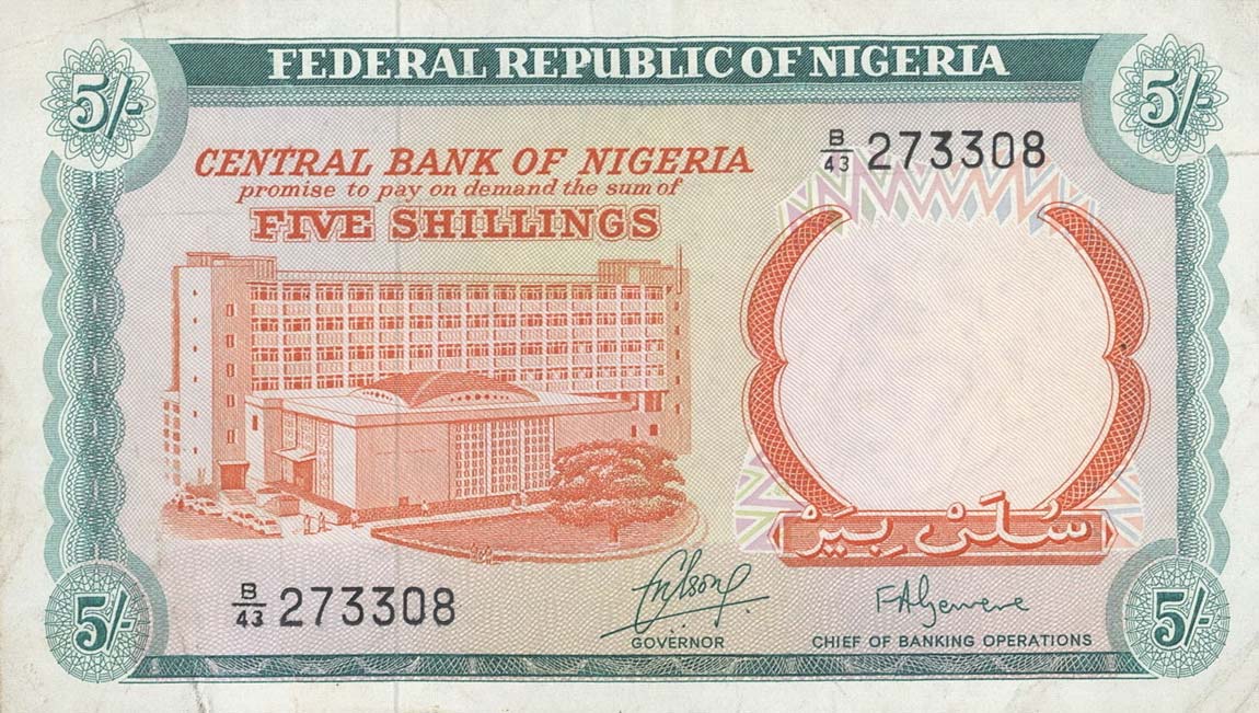 Front of Nigeria p10b: 5 Shillings from 1968