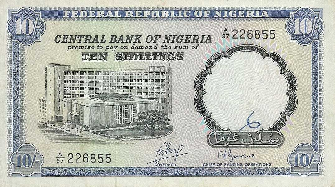 Front of Nigeria p11b: 10 Shillings from 1968