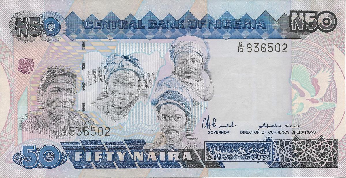 Front of Nigeria p27a: 50 Naira from 1991