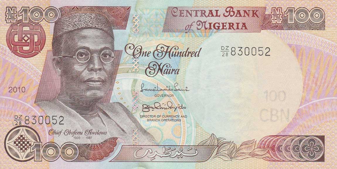 Front of Nigeria p28j: 100 Naira from 2010