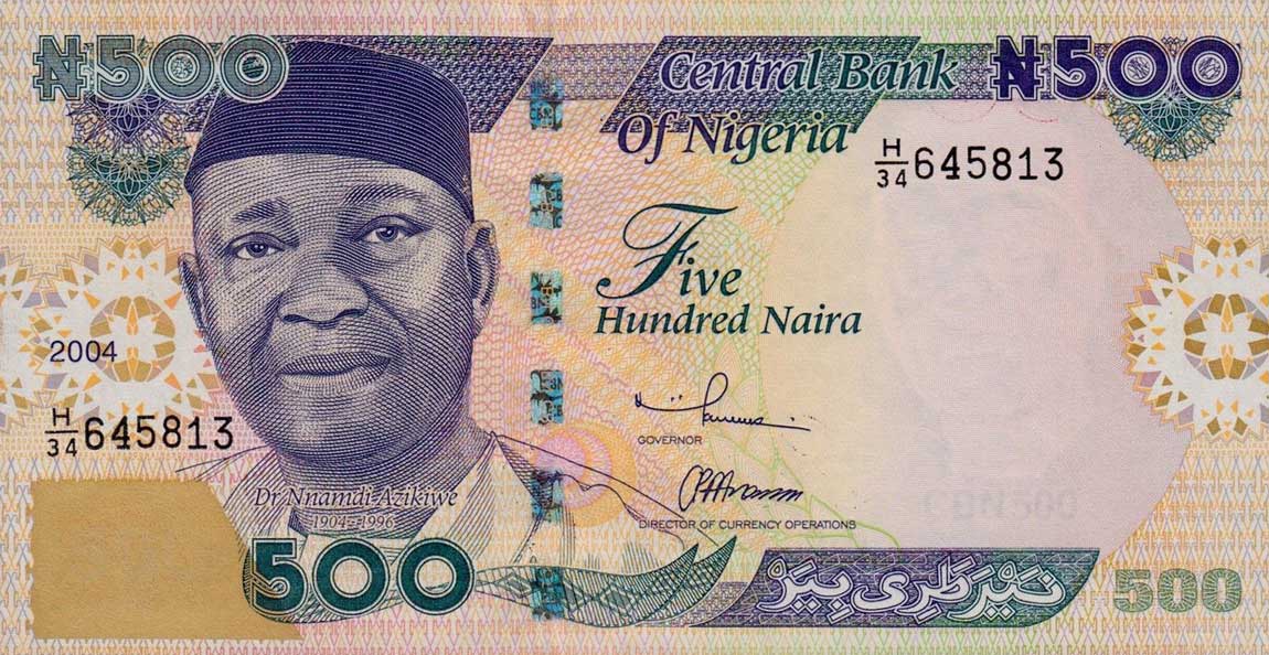 Front of Nigeria p30b: 500 Naira from 2004