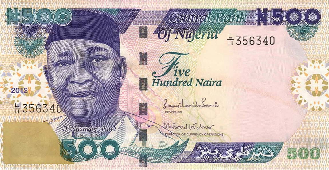 Front of Nigeria p30k: 500 Naira from 2012