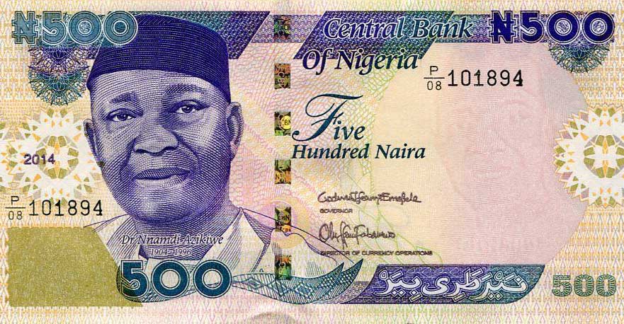 Front of Nigeria p30m: 500 Naira from 2014