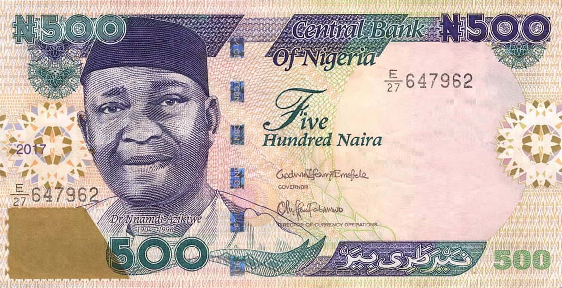 Front of Nigeria p30p: 500 Naira from 2017