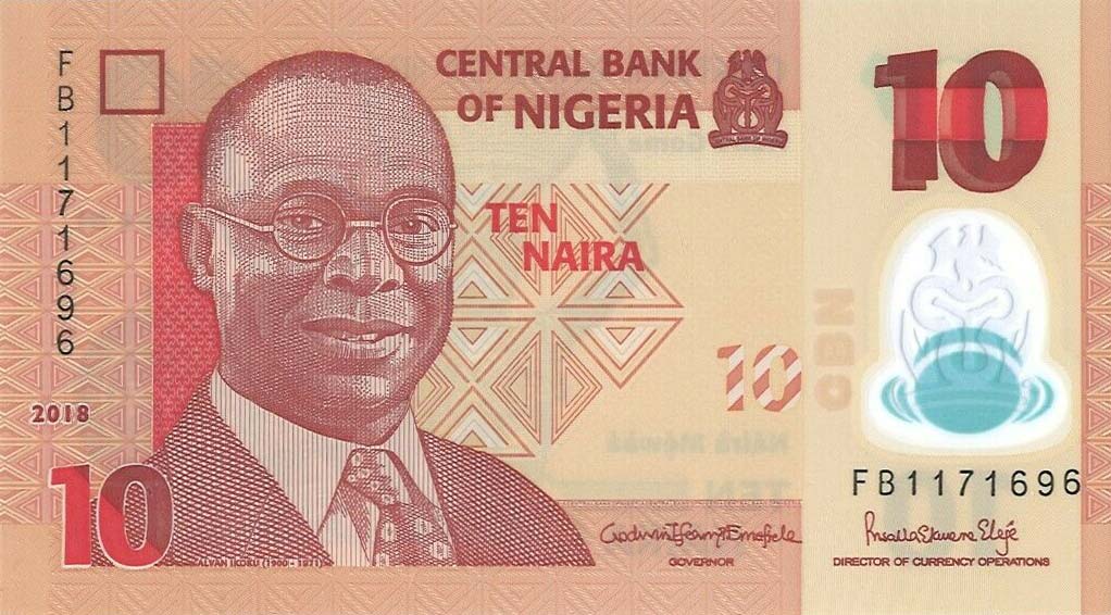 Front of Nigeria p39i: 10 Naira from 2018