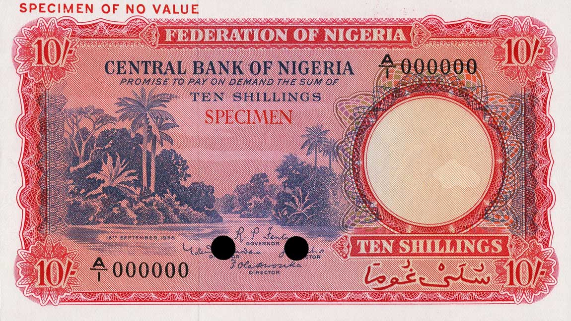 Front of Nigeria p3ct: 10 Shillings from 1958