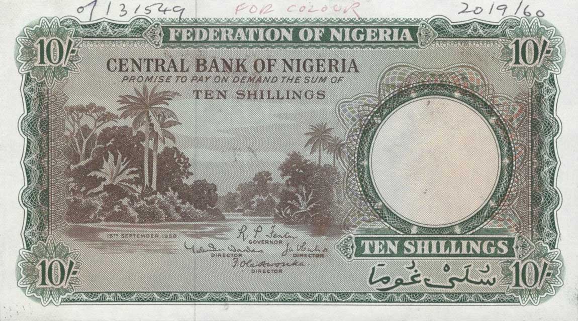 Front of Nigeria p3s: 10 Shillings from 1958