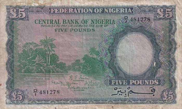 Front of Nigeria p5a: 5 Pounds from 1958