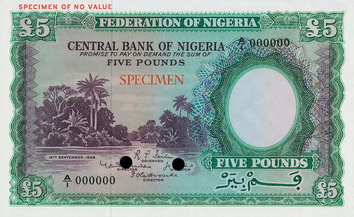 Front of Nigeria p5ct: 5 Pounds from 1958