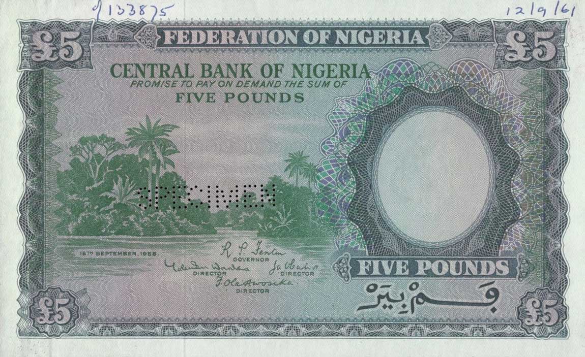 Front of Nigeria p5s: 5 Pounds from 1958