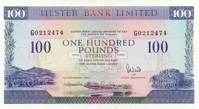 Front of Northern Ireland p334a: 100 Pounds from 1990