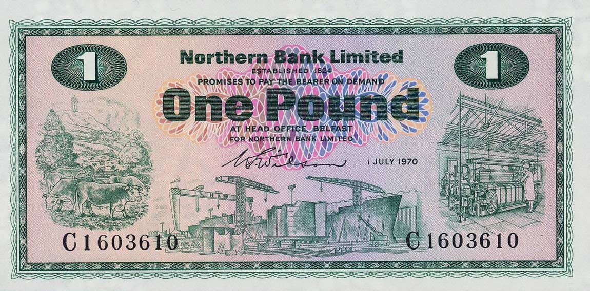 Front of Northern Ireland p187a: 1 Pound from 1970