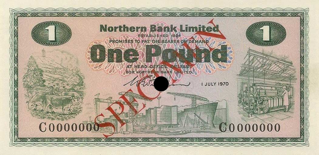 Front of Northern Ireland p187s: 1 Pound from 1970