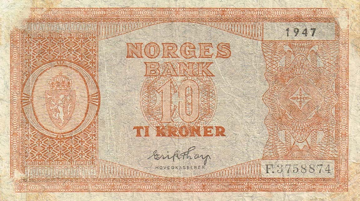 Front of Norway p26e: 10 Kroner from 1947