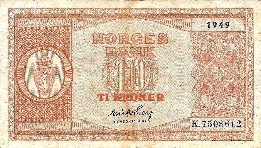 Front of Norway p26j: 10 Kroner from 1949