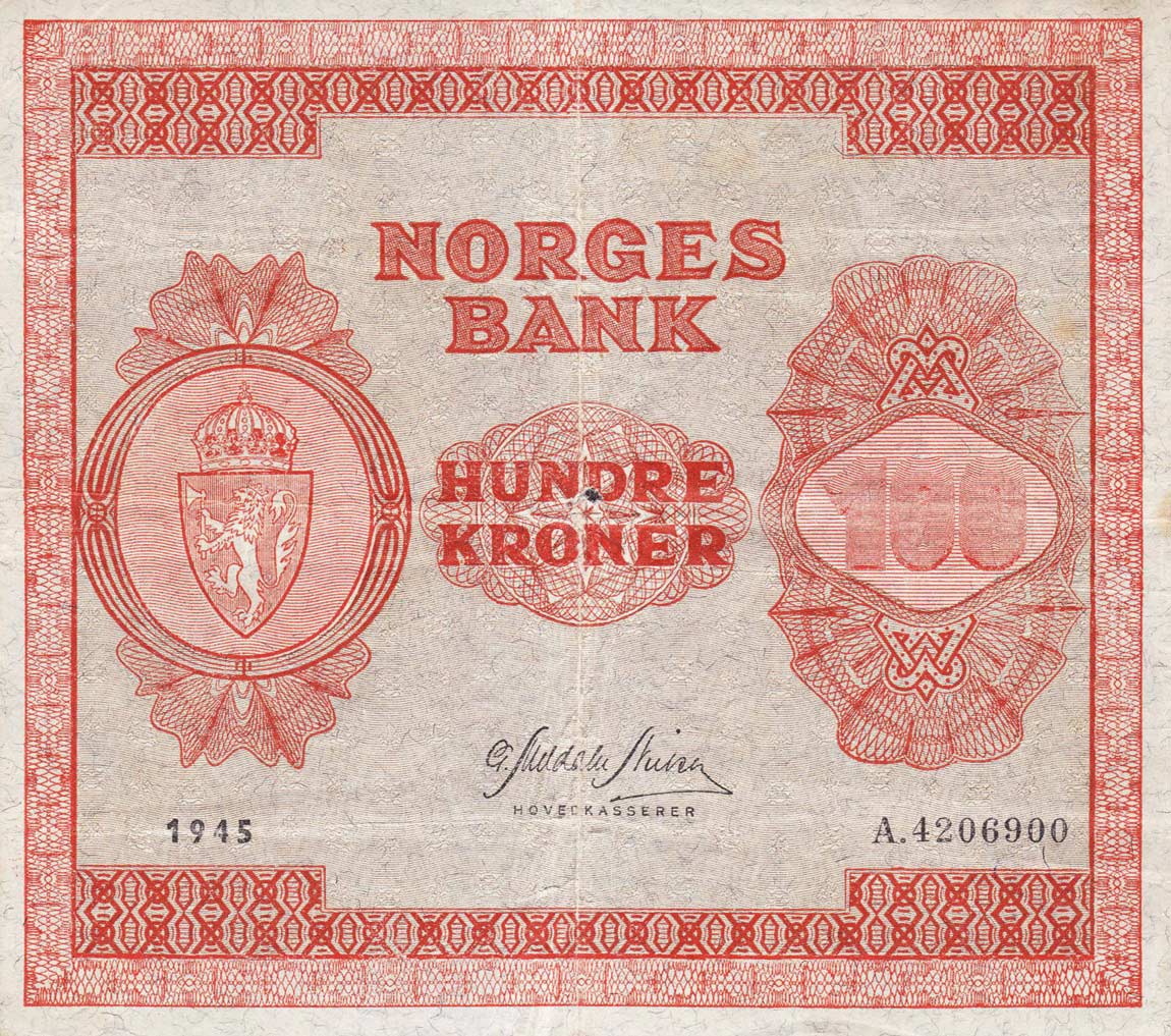 Front of Norway p28a1: 100 Kroner from 1945