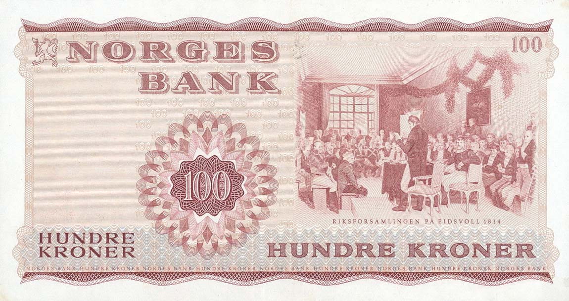 Back of Norway p38b: 100 Krone from 1965