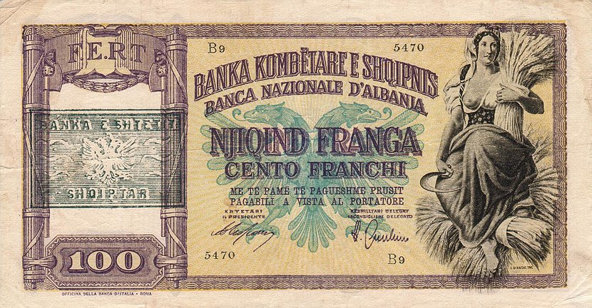 Front of Albania p14: 100 Franga from 1945