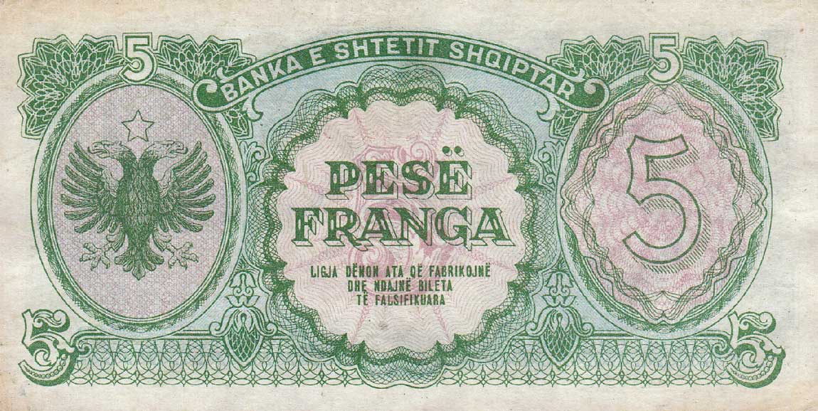 Back of Albania p15: 5 Franga from 1945