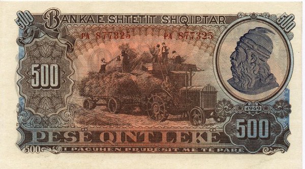 Front of Albania p27: 500 Leke from 1949