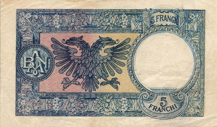 Back of Albania p6a: 5 Franga from 1939