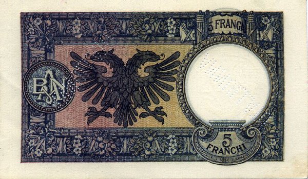 Back of Albania p6s: 5 Franga from 1939