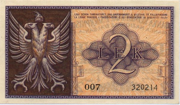 Back of Albania p9: 2 Leke from 1940