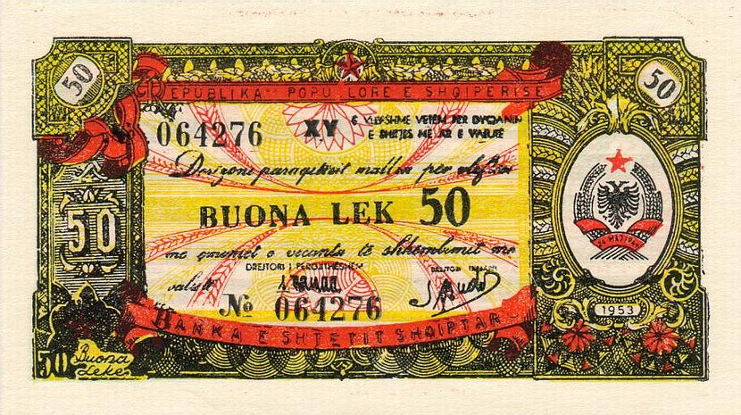 Front of Albania pFX7: 50 Leke from 1953