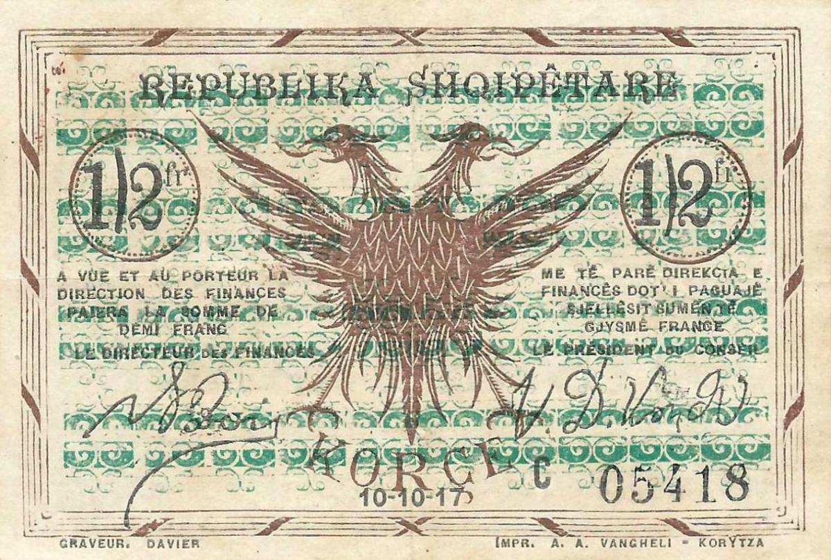 Front of Albania pS145c: 0.5  Franc from 1917