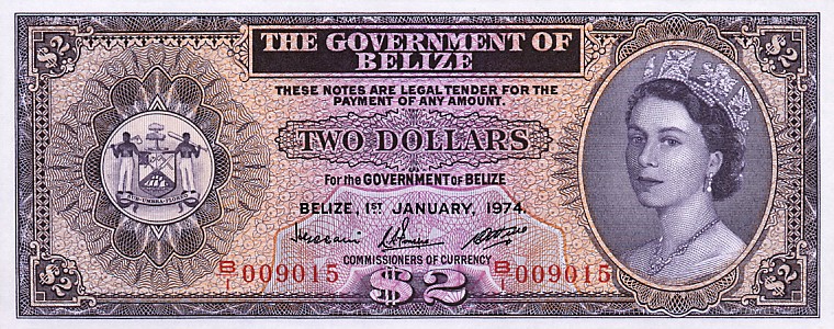 Front of Belize p34a: 2 Dollars from 1974