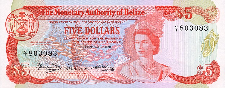 Front of Belize p39a: 5 Dollars from 1980