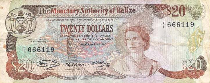 Front of Belize p41a: 20 Dollars from 1980