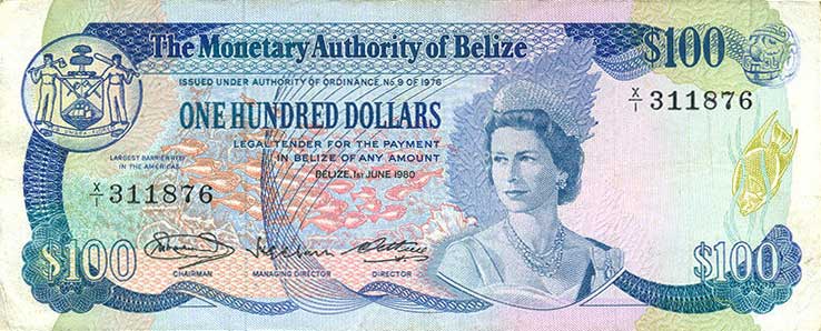 Front of Belize p42a: 100 Dollars from 1980