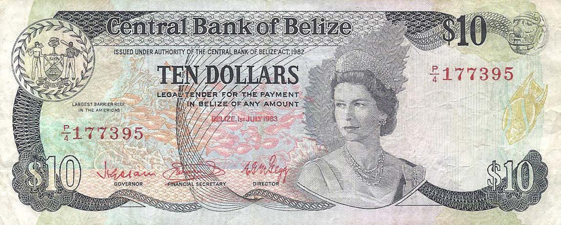 Front of Belize p44a: 10 Dollars from 1983