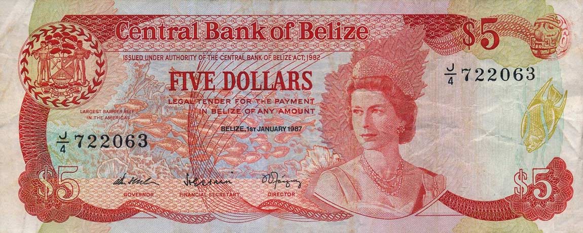 Front of Belize p47a: 5 Dollars from 1987