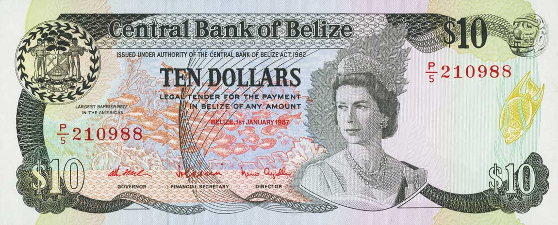 Front of Belize p48a: 10 Dollars from 1987