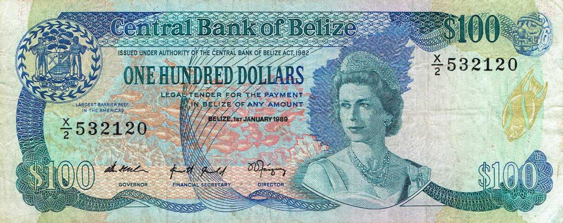 Front of Belize p50b: 100 Dollars from 1989