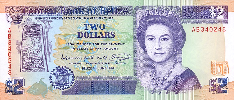 Front of Belize p52b: 2 Dollars from 1991