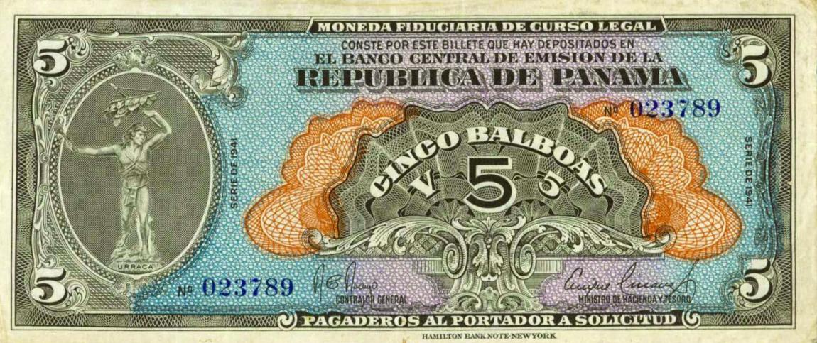 Front of Panama p23a: 5 Balboas from 1941