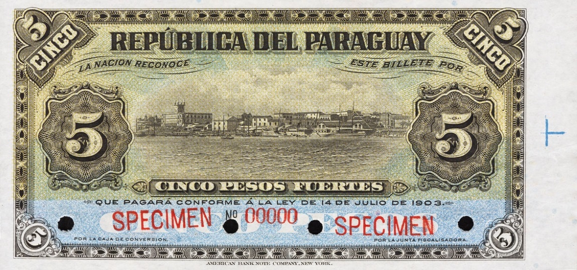 Front of Paraguay p108s2: 5 Pesos from 1903