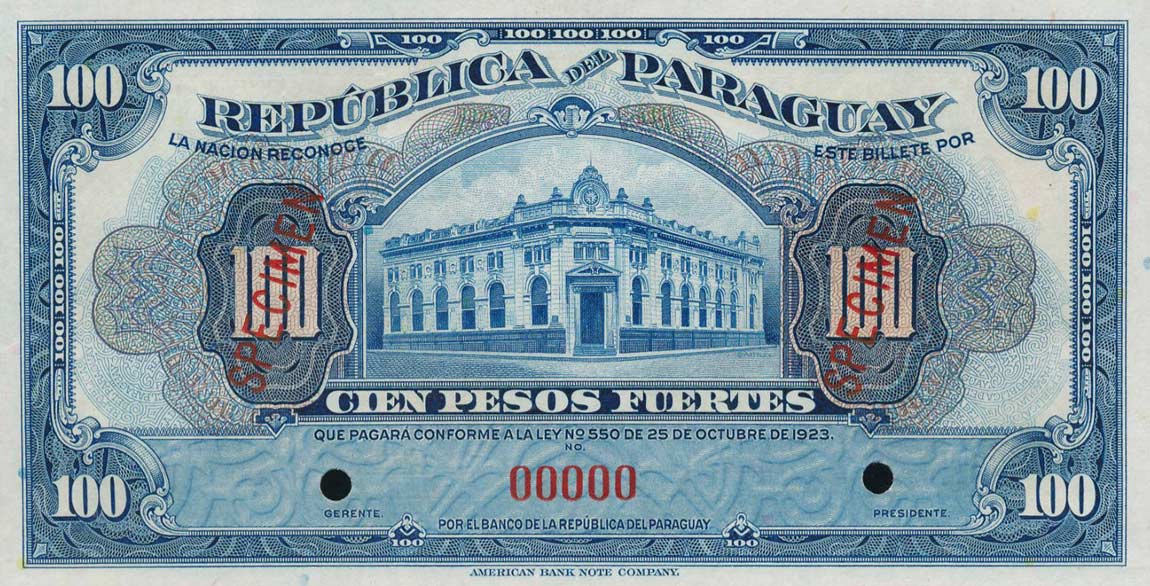 Front of Paraguay p167s: 100 Pesos from 1923