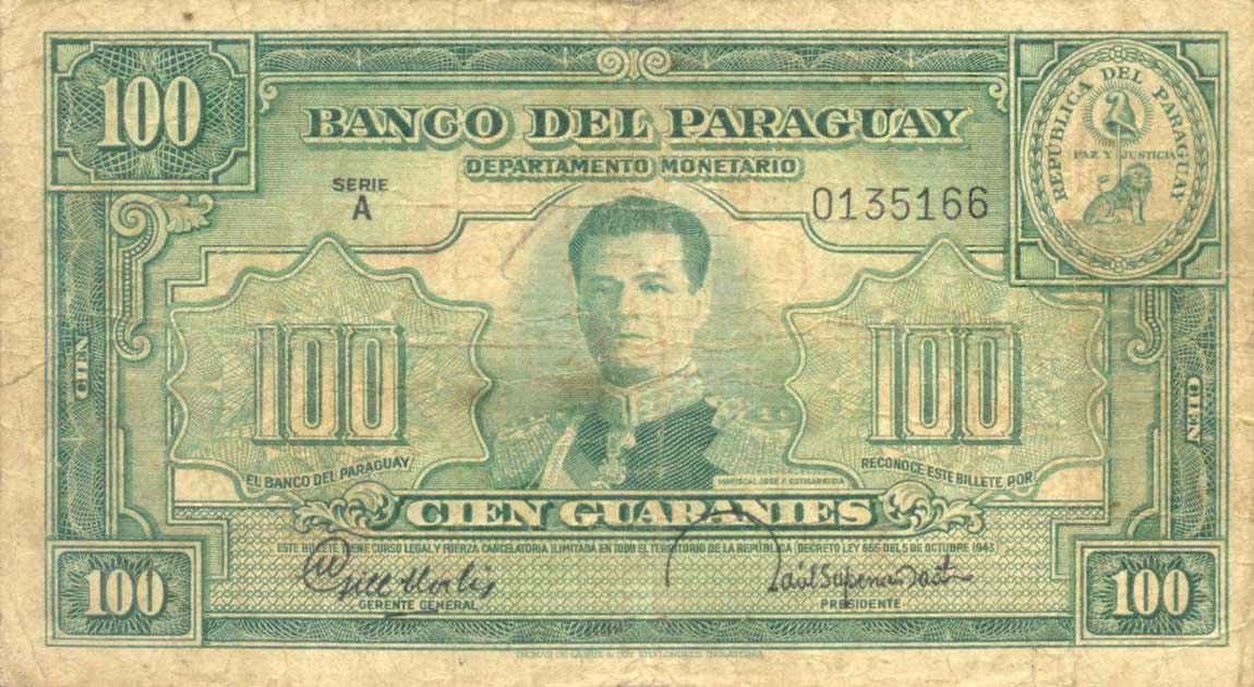 Front of Paraguay p182: 100 Guaranies from 1943